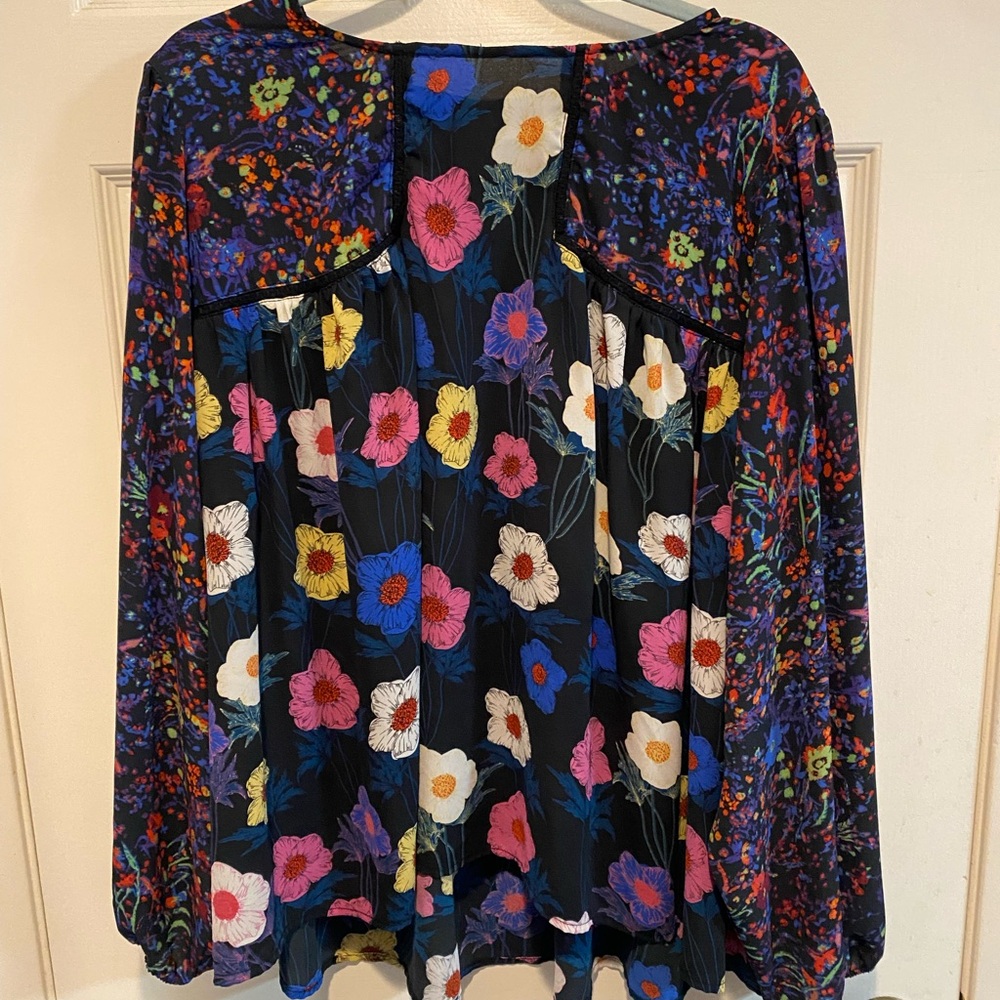 Floral Printed Long-Sleeve Peasant Blouse - Black Multicolor
